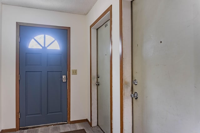 entryway featuring wood-type flooring and a textured ceiling