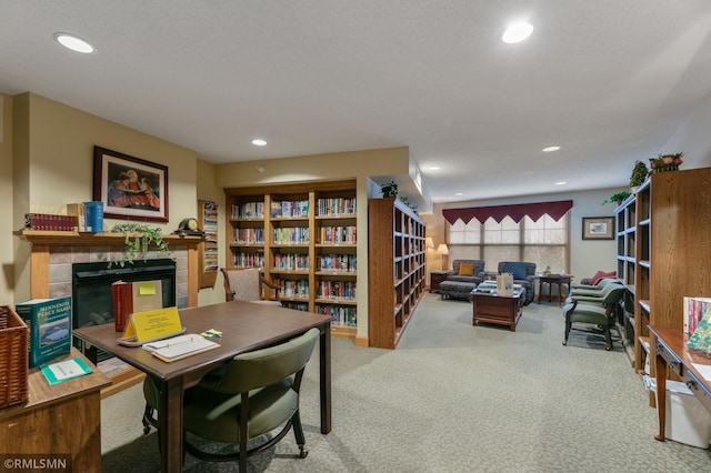 5650 Boone Ave N Unit 321, New Hope, MN 55428 - carpeted home office featuring a tiled fireplace and recessed lighting