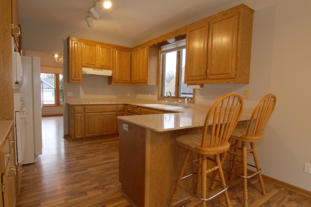 kitchen with sink, kitchen peninsula, a breakfast bar area, and hardwood / wood-style flooring