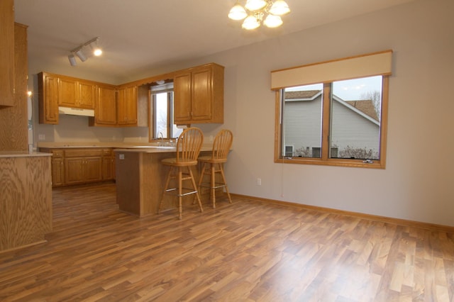 kitchen with kitchen peninsula, light hardwood / wood-style flooring, track lighting, a breakfast bar area, and sink