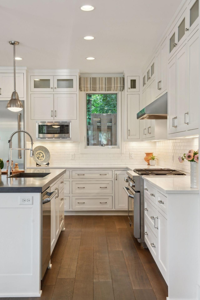 kitchen with sink, decorative light fixtures, dark hardwood / wood-style flooring, white cabinetry, and stainless steel appliances