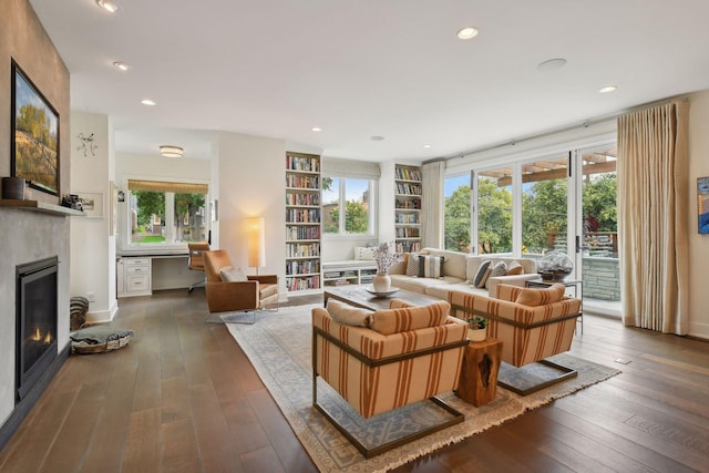 living room with dark hardwood / wood-style flooring