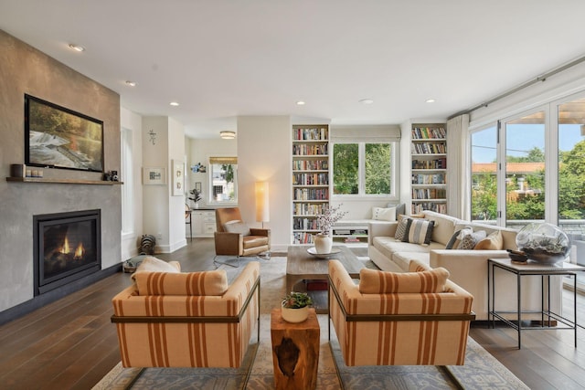 living room featuring dark hardwood / wood-style flooring and a large fireplace