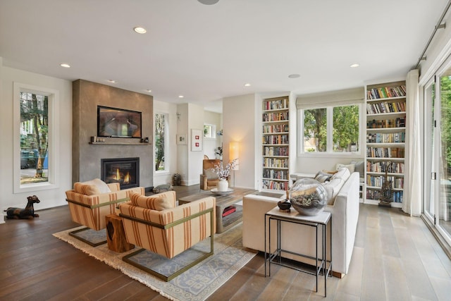 living room featuring a fireplace and wood-type flooring