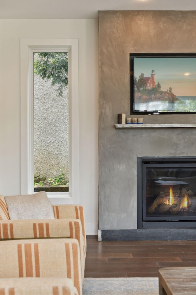 living room with dark hardwood / wood-style floors