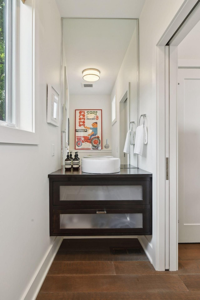 bathroom with wood-type flooring and vanity