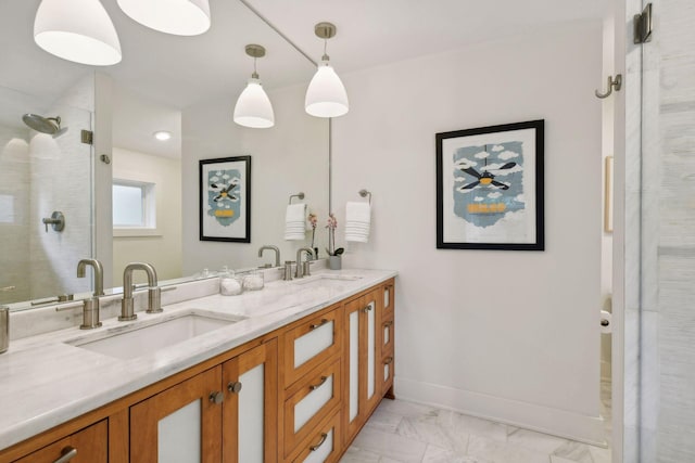 bathroom featuring vanity and walk in shower