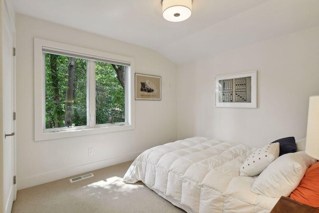 carpeted bedroom featuring lofted ceiling