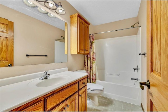 full bathroom with vanity, toilet, a textured ceiling, and shower / tub combo with curtain