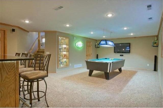 game room featuring crown molding, light carpet, and pool table