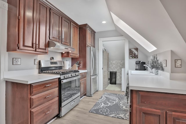 kitchen with appliances with stainless steel finishes, light hardwood / wood-style floors, a skylight, and sink