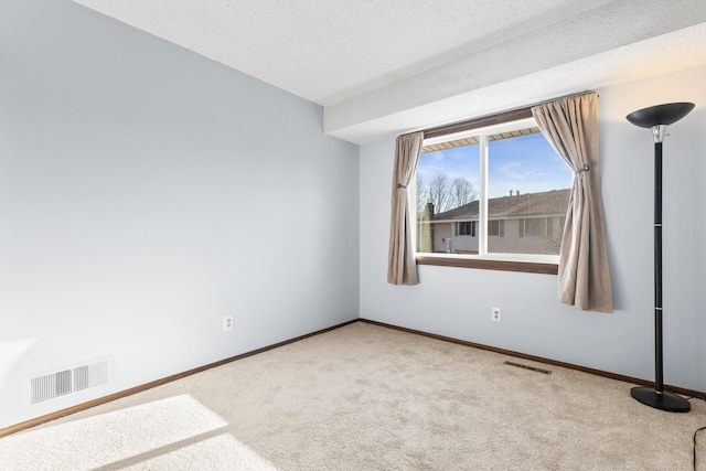 empty room featuring light carpet and a textured ceiling