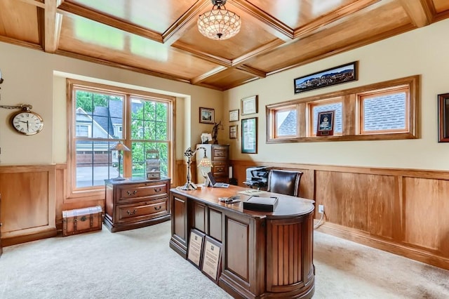 office area with light carpet, beamed ceiling, and coffered ceiling