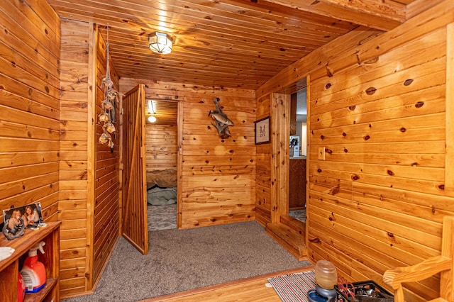 corridor featuring hardwood / wood-style floors, wood ceiling, and wood walls