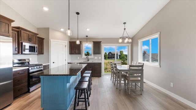 kitchen featuring hanging light fixtures, light hardwood / wood-style flooring, dark brown cabinets, a kitchen island, and appliances with stainless steel finishes