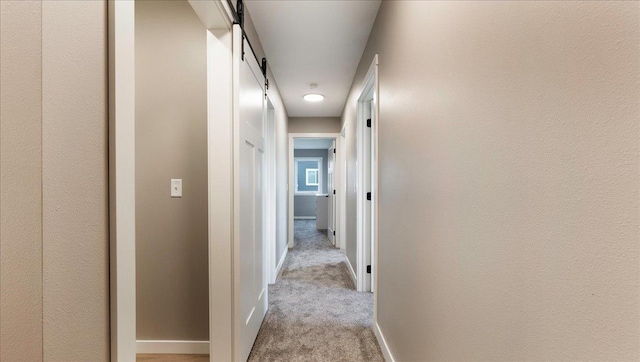 corridor featuring a barn door and light colored carpet