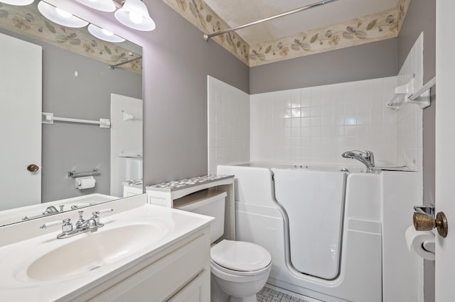 full bathroom featuring vanity, toilet, and plus walk in shower