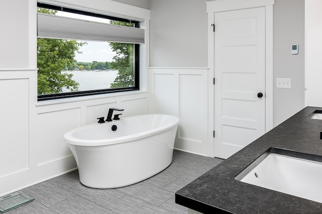 bathroom featuring a washtub and vanity