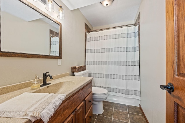 full bathroom with toilet, tile patterned flooring, shower / bath combination with curtain, and vanity