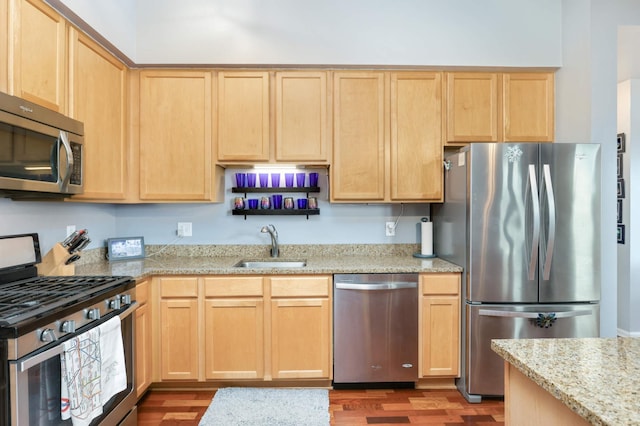 kitchen featuring light brown cabinetry, dark hardwood / wood-style floors, and appliances with stainless steel finishes