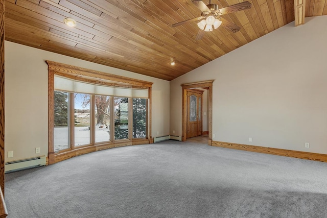 carpeted spare room featuring ceiling fan, lofted ceiling, wood ceiling, and a baseboard heating unit