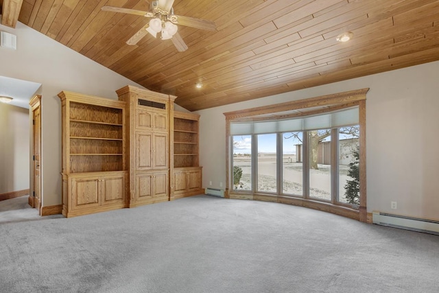 unfurnished living room with carpet floors, ceiling fan, a baseboard heating unit, and wood ceiling