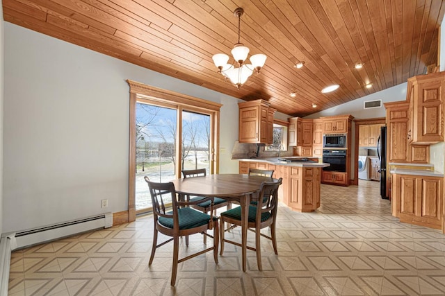 dining space with wooden ceiling, an inviting chandelier, baseboard heating, and lofted ceiling