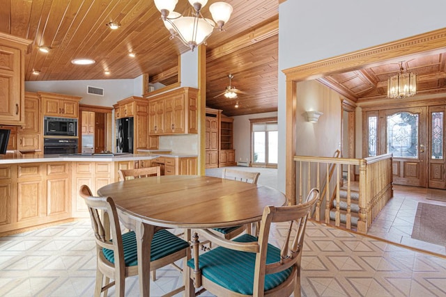 dining area with high vaulted ceiling, wood ceiling, and ceiling fan with notable chandelier