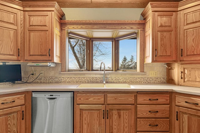 kitchen with decorative backsplash, dishwasher, and sink