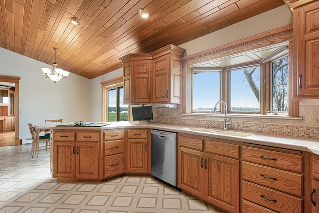 kitchen with pendant lighting, dishwasher, plenty of natural light, and sink