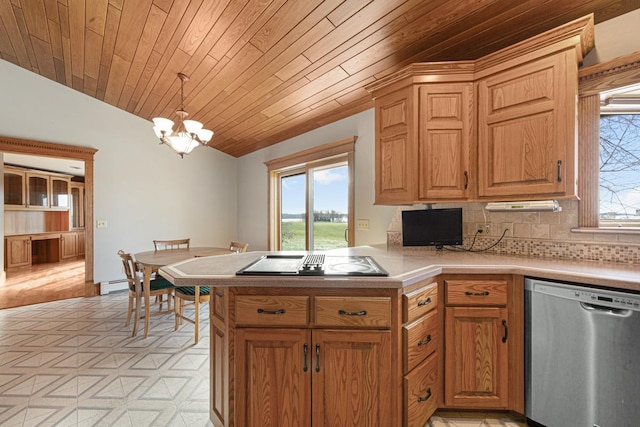 kitchen featuring wood ceiling, dishwasher, pendant lighting, and lofted ceiling