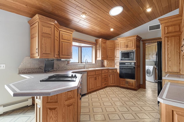 kitchen with wooden ceiling, a baseboard heating unit, kitchen peninsula, lofted ceiling, and black appliances