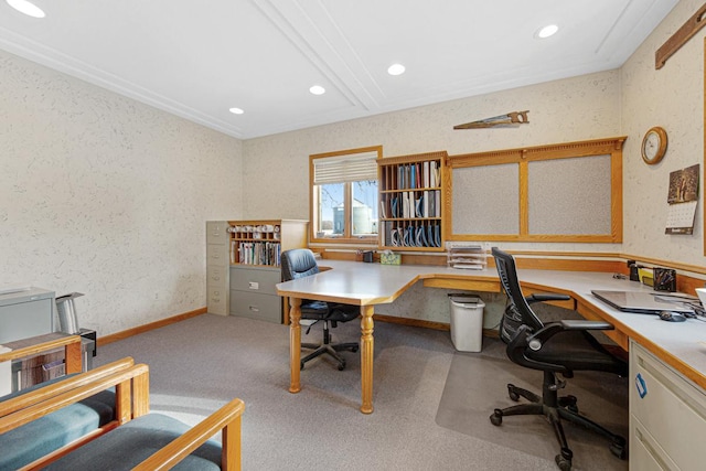 carpeted home office featuring ornamental molding