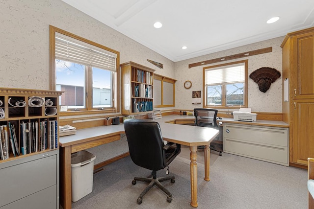 carpeted home office with plenty of natural light and ornamental molding