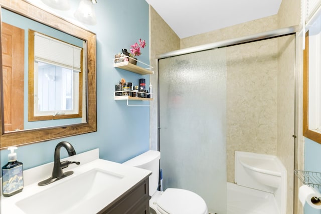 bathroom with vanity, toilet, and a shower with door