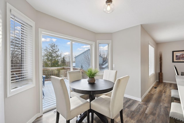 dining area with dark hardwood / wood-style floors and a wealth of natural light