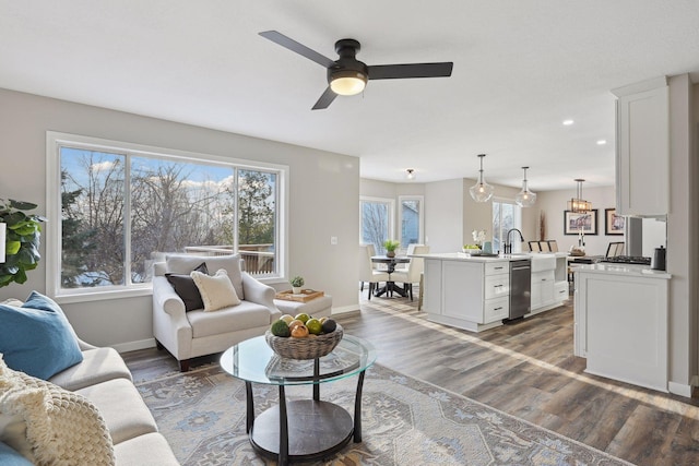 living room with a wealth of natural light, ceiling fan, and dark hardwood / wood-style floors