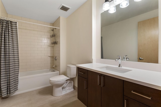 full bathroom featuring shower / bath combination with curtain, toilet, and vanity