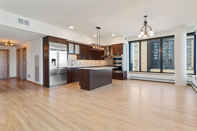 kitchen with a center island, tasteful backsplash, light hardwood / wood-style flooring, pendant lighting, and appliances with stainless steel finishes