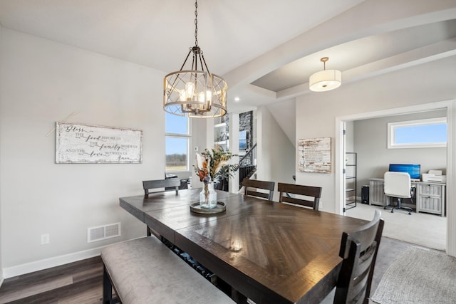 18340 Forest Rd N, Forest Lake, MN 55025 - dining space featuring a chandelier, plenty of natural light, an office area, and wood finished floors