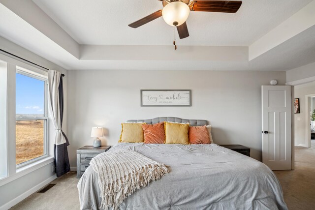 18340 Forest Rd N, Forest Lake, MN 55025 - bedroom with light colored carpet, a raised ceiling, and ceiling fan