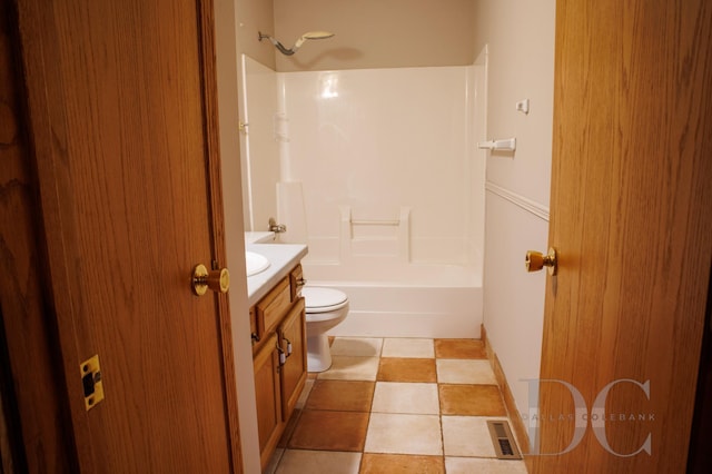 full bath featuring visible vents, toilet, tub / shower combination, and vanity