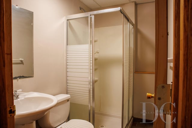 bathroom with a stall shower, a sink, and toilet