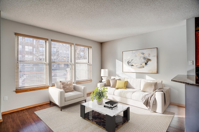 living room with a textured ceiling and dark hardwood / wood-style floors