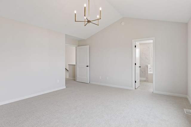 11459 Blazingstar Ln, Lake Elmo, MN 55042 - unfurnished bedroom with light carpet, a chandelier, vaulted ceiling, and baseboards