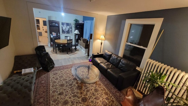 living room with radiator heating unit and wood-type flooring