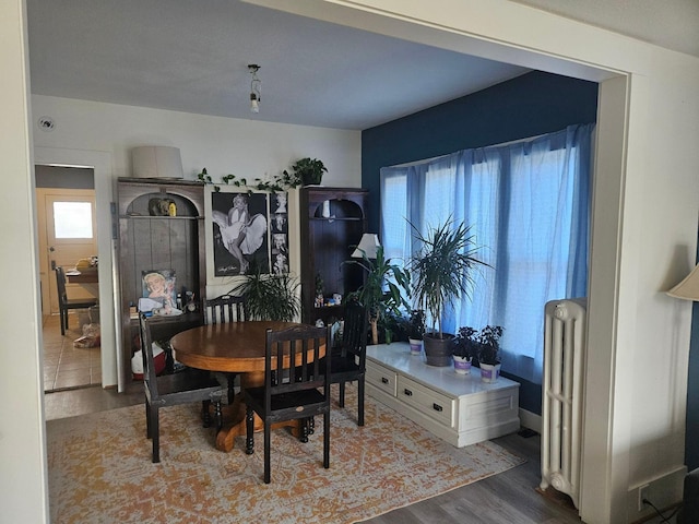 dining room with wood-type flooring and radiator heating unit