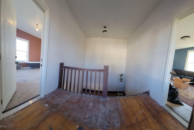 stairway featuring wood-type flooring and lofted ceiling