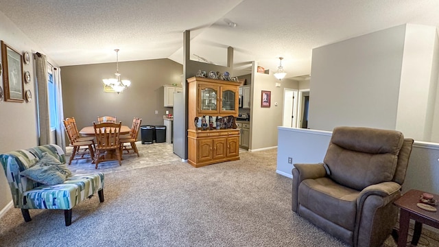 living room featuring lofted ceiling, light carpet, and a chandelier