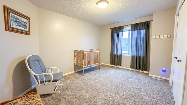 sitting room featuring carpet floors and a textured ceiling